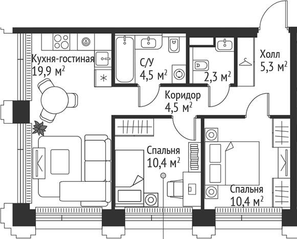 Планировка — Сет, 3-комн., 57 м²
