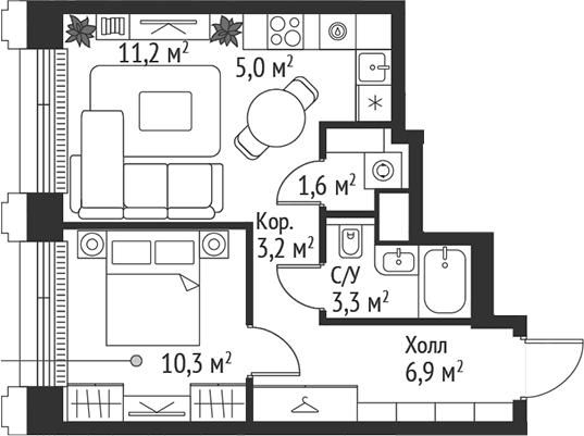Планировка — Сет, 2-комн., 42 м²