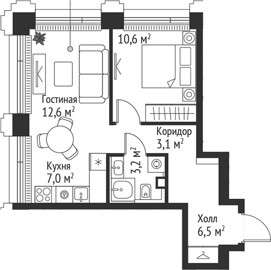 Планировка — Сет, 2-комн., 43 м²
