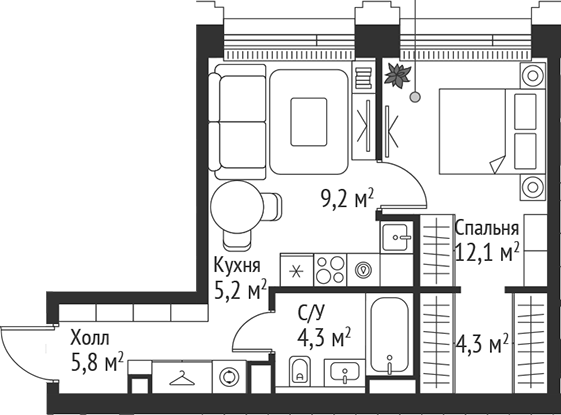 Планировка — Сет, 2-комн., 41 м²