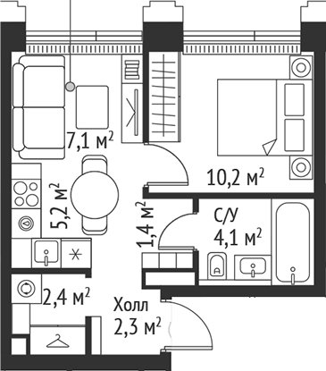 Планировка — Сет, 2-комн., 33 м²