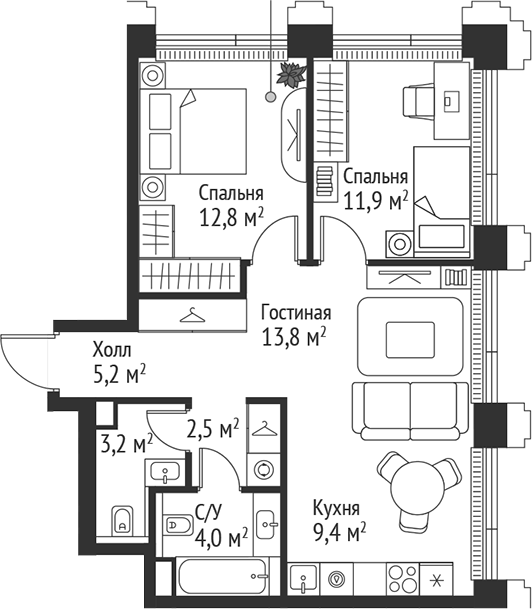 Планировка — Сет, 3-комн., 63 м²