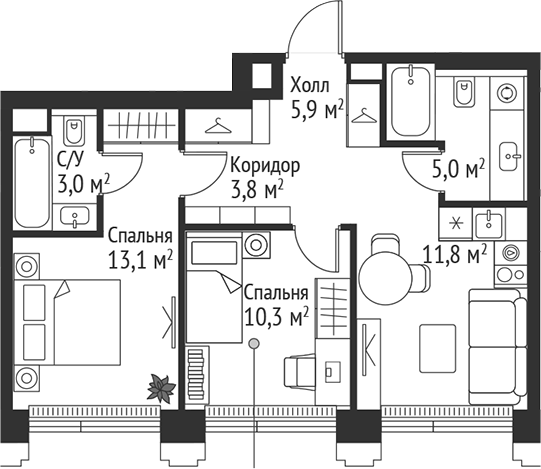 Планировка — Сет, 3-комн., 53 м²