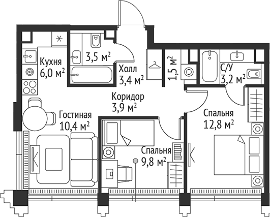 Планировка — Сет, 3-комн., 55 м²