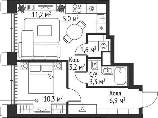 Планировка — Сет, 2-комн., 42 м²