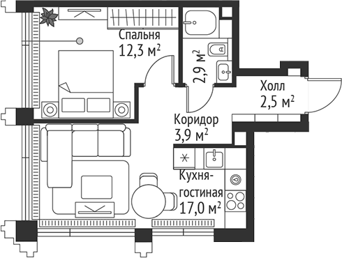 Планировка — Сет, 2-комн., 39 м²