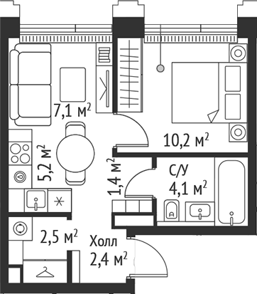 Планировка — Сет, 2-комн., 33 м²