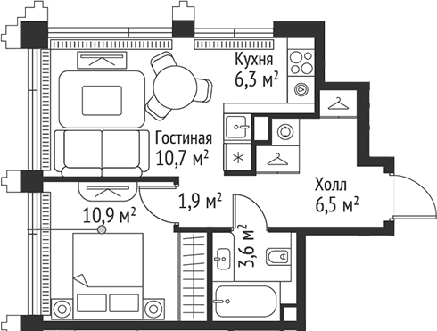Планировка — Сет, 2-комн., 40 м²