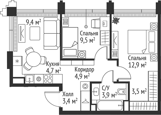 Планировка — Сет, 3-комн., 52 м²