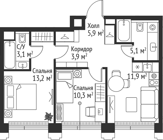 Планировка — Сет, 2-комн., 53 м²