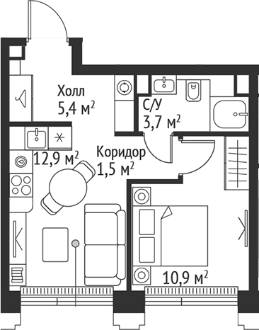 Планировка — Сет, 1-комн., 34 м²
