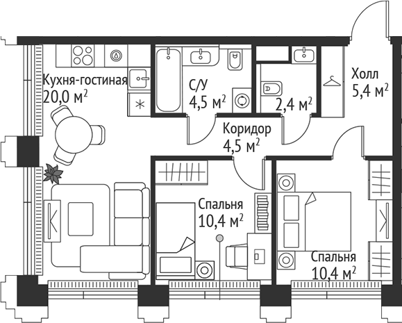 Планировка — Сет, 3-комн., 58 м²