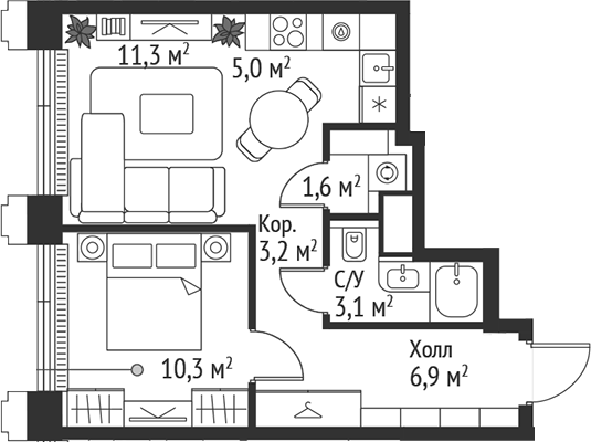 Планировка — Сет, 2-комн., 41 м²