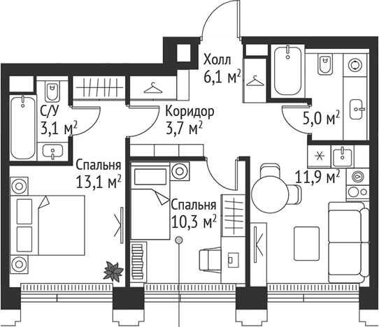Планировка — Сет, 3-комн., 53 м²