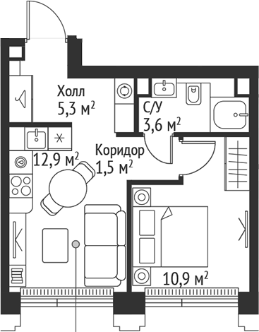 Планировка — Сет, 2-комн., 34 м²