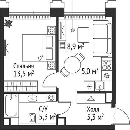 Планировка — Сет, 2-комн., 38 м²
