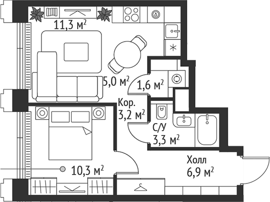 Планировка — Сет, 2-комн., 42 м²