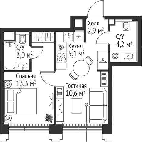 Планировка — Сет, 2-комн., 39 м²