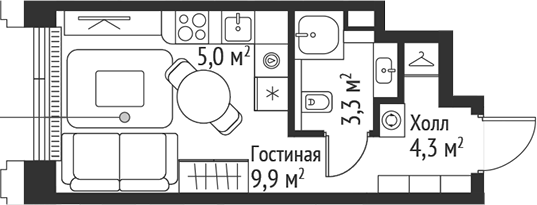 Планировка — Сет, Студия, 23 м²