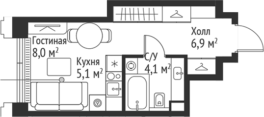 Планировка — Сет, Студия, 24 м²