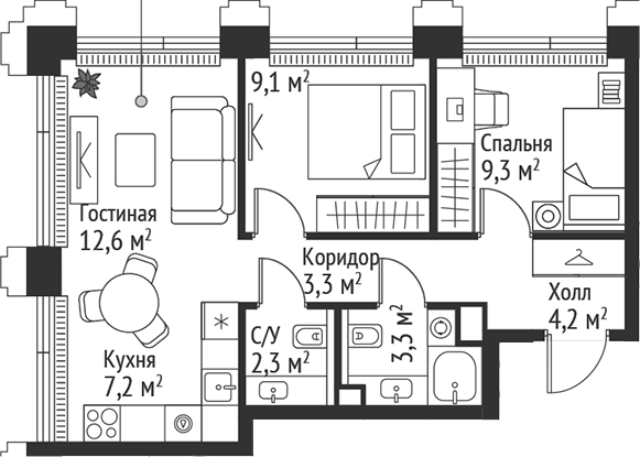 Планировка — Сет, 3-комн., 51 м²