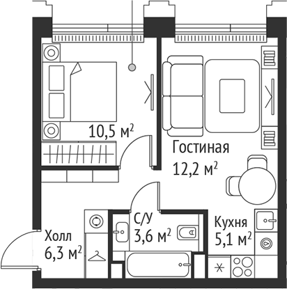 Планировка — Сет, 2-комн., 38 м²