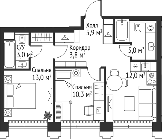 Планировка — Сет, 3-комн., 53 м²