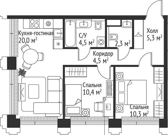 Планировка — Сет, 3-комн., 57 м²