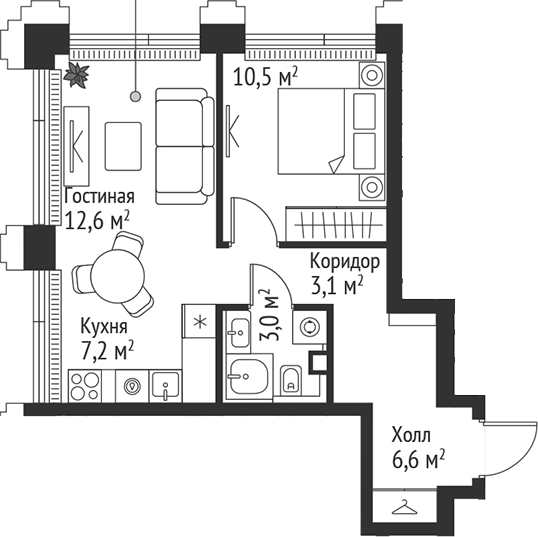 Планировка — Сет, 2-комн., 43 м²