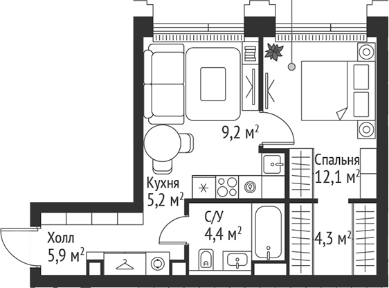 Планировка — Сет, 2-комн., 41 м²