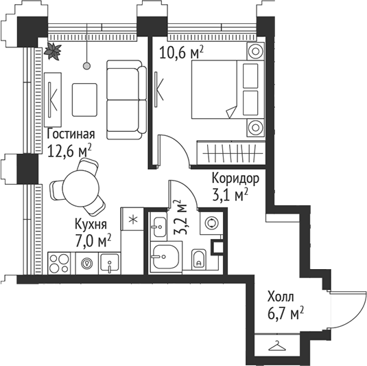 Планировка — Сет, 2-комн., 43 м²