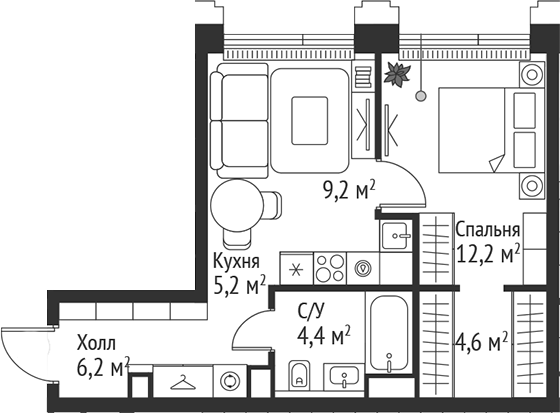 Планировка — Сет, 2-комн., 42 м²