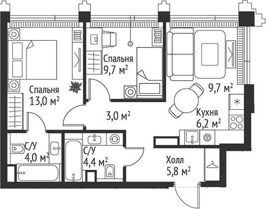 Планировка — Сет, 3-комн., 56 м²