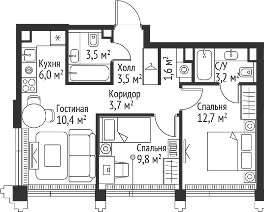 Планировка — Сет, 3-комн., 54 м²
