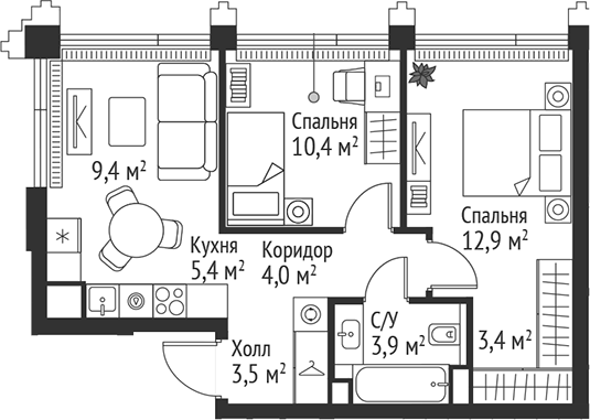 Планировка — Сет, 3-комн., 53 м²