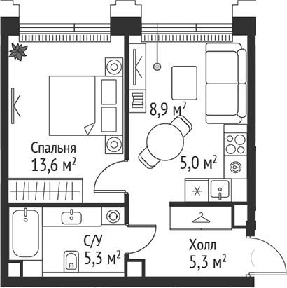 Планировка — Сет, 2-комн., 38 м²