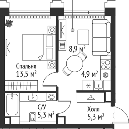 Планировка — Сет, 2-комн., 38 м²
