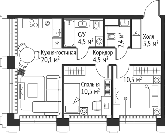 Планировка — Сет, 3-комн., 58 м²