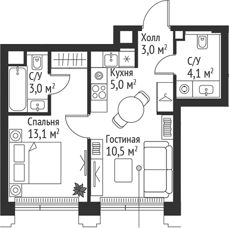 Планировка — Сет, 2-комн., 39 м²