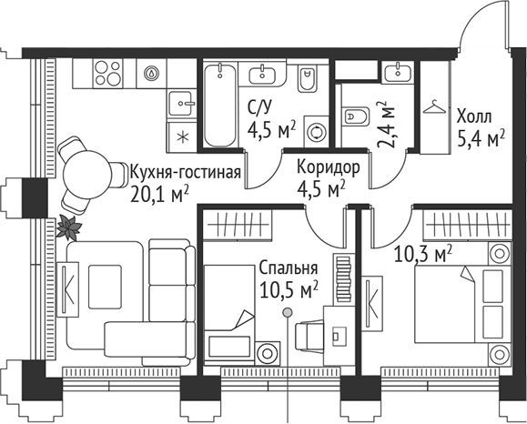 Планировка — Сет, 3-комн., 58 м²