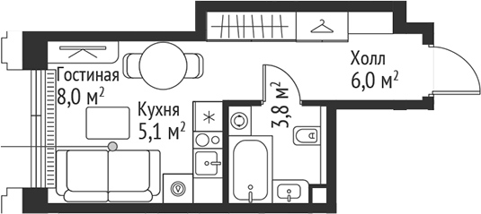 Планировка — Сет, Студия, 23 м²
