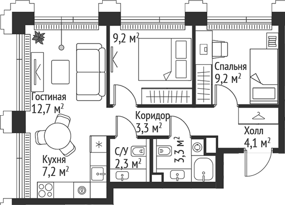 Планировка — Сет, 3-комн., 51 м²