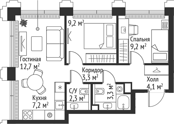 Планировка — Сет, 3-комн., 51 м²