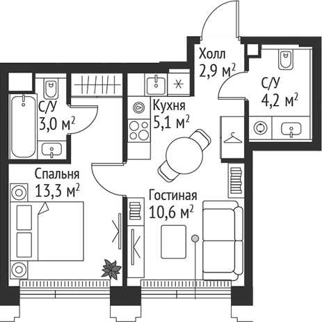 Планировка — Сет, 2-комн., 39 м²