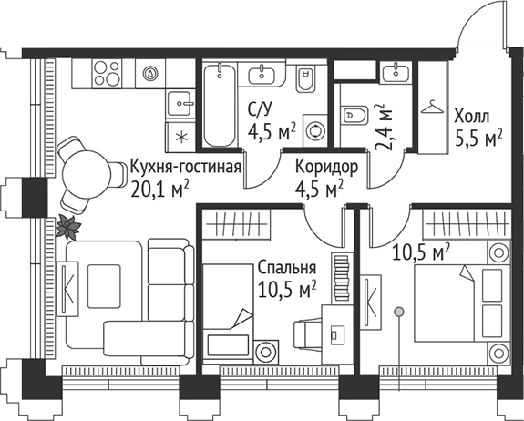 Планировка — Сет, 3-комн., 58 м²