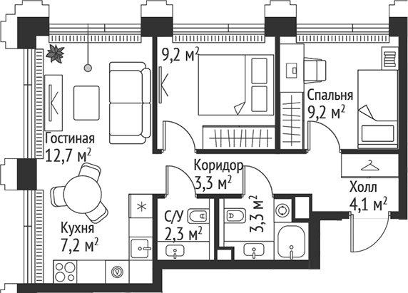 Планировка — Сет, 3-комн., 51 м²