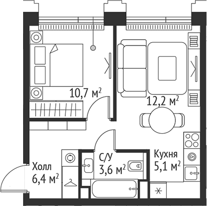 Планировка — Сет, 2-комн., 38 м²