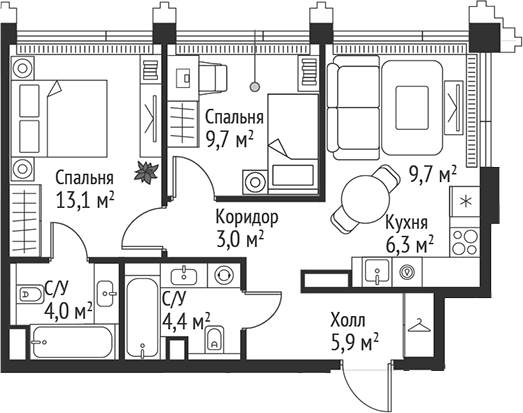 Планировка — Сет, 3-комн., 56 м²