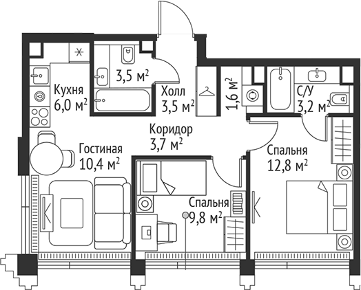 Планировка — Сет, 3-комн., 54 м²