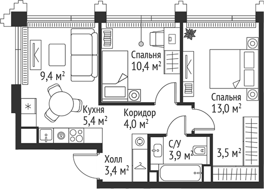 Планировка — Сет, 3-комн., 53 м²